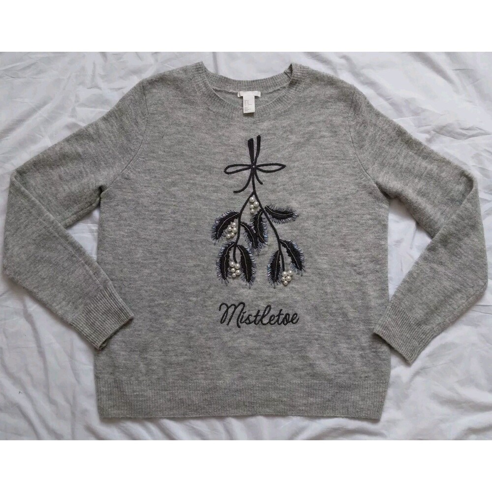 H&M Mistletoe Sweater Beaded Embroidered Holiday Christmas Womens Size Medium - Picture 1 of 10
